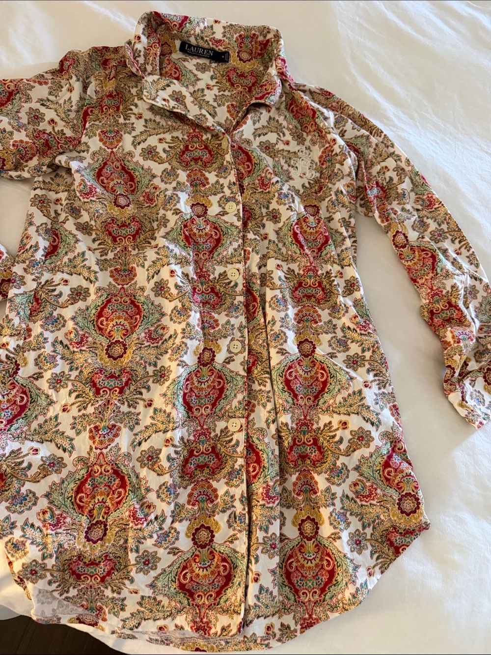 Lauren Ralph Lauren Cream Button-Up Shirt with Red & Green Paisley